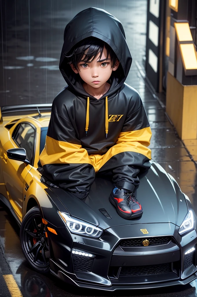 A boy in the rain wearing a black hoodie with blue stripes in the middle and ocre yellow pajamas with white air jordans leaning on his black nissan gtr skyline in the middle of the night 