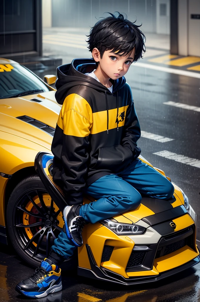 A boy in the rain wearing a black hoodie with blue stripes in the middle and ocre yellow pajamas with white air jordans leaning on his black nissan gtr skyline in the middle of the night