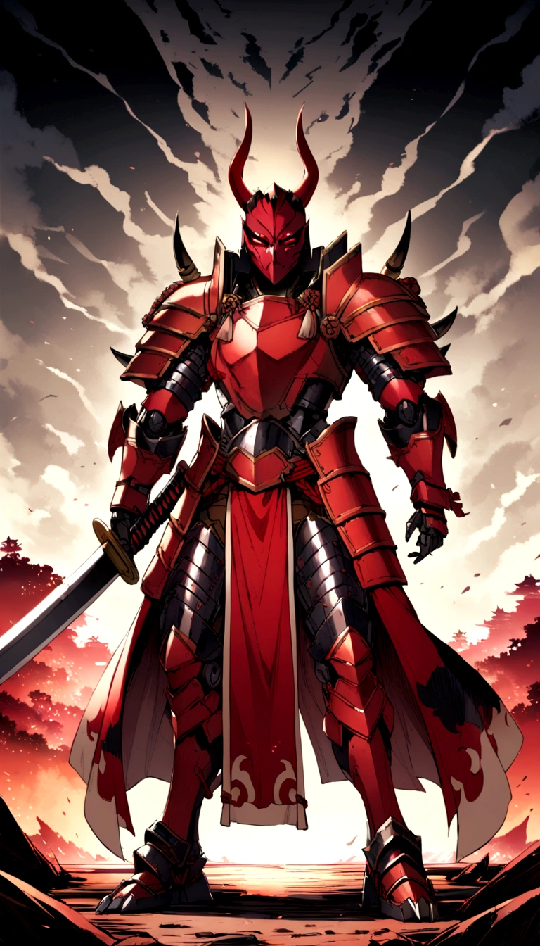 Sengoku period、Metal、Armored warrior、Humanoid、Samurai、Demon Mask、Japanese sword in right hand、 robot、Full Body Shot.