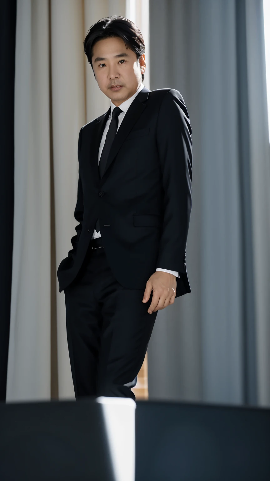 40-year-old male, Soft headlight,High-density imaging,(Thin face),((Black suit)),((Various dynamic poses)),((White curtains in the background)),best quality,masterpiece,(Soft colors:1.2)