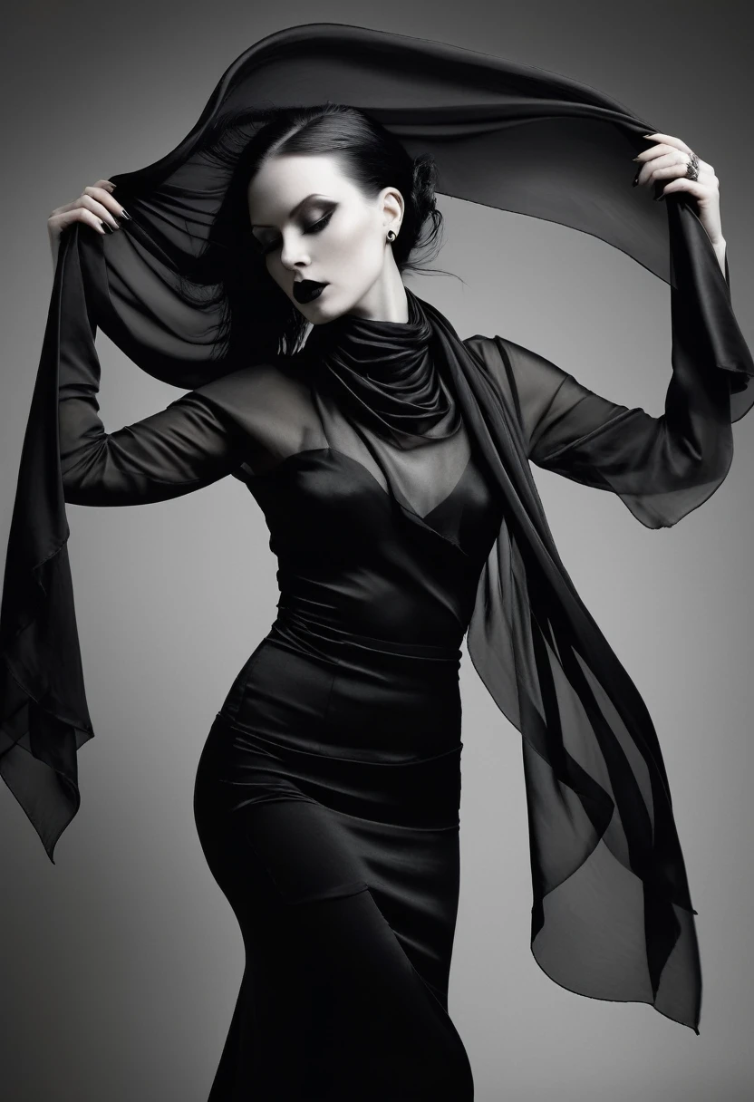 A stunning, high-realistic, studio photograph of a scandinavian goth woman goth tatttos, pale skin, goth make-up dancing, clothed only in intricately draped, flowing black silk scarves, evoking a sense of elegance and grace. Captured in a monochromatic color palette, the black and white tone amplifies the textures and shadows, adding depth to the fluid, energetic movement of the subject. Soft, diffused lighting accentuates the woman's sinuous curves, as her slender limbs seem to blur in motion, exuding a sense of freedom and joy.