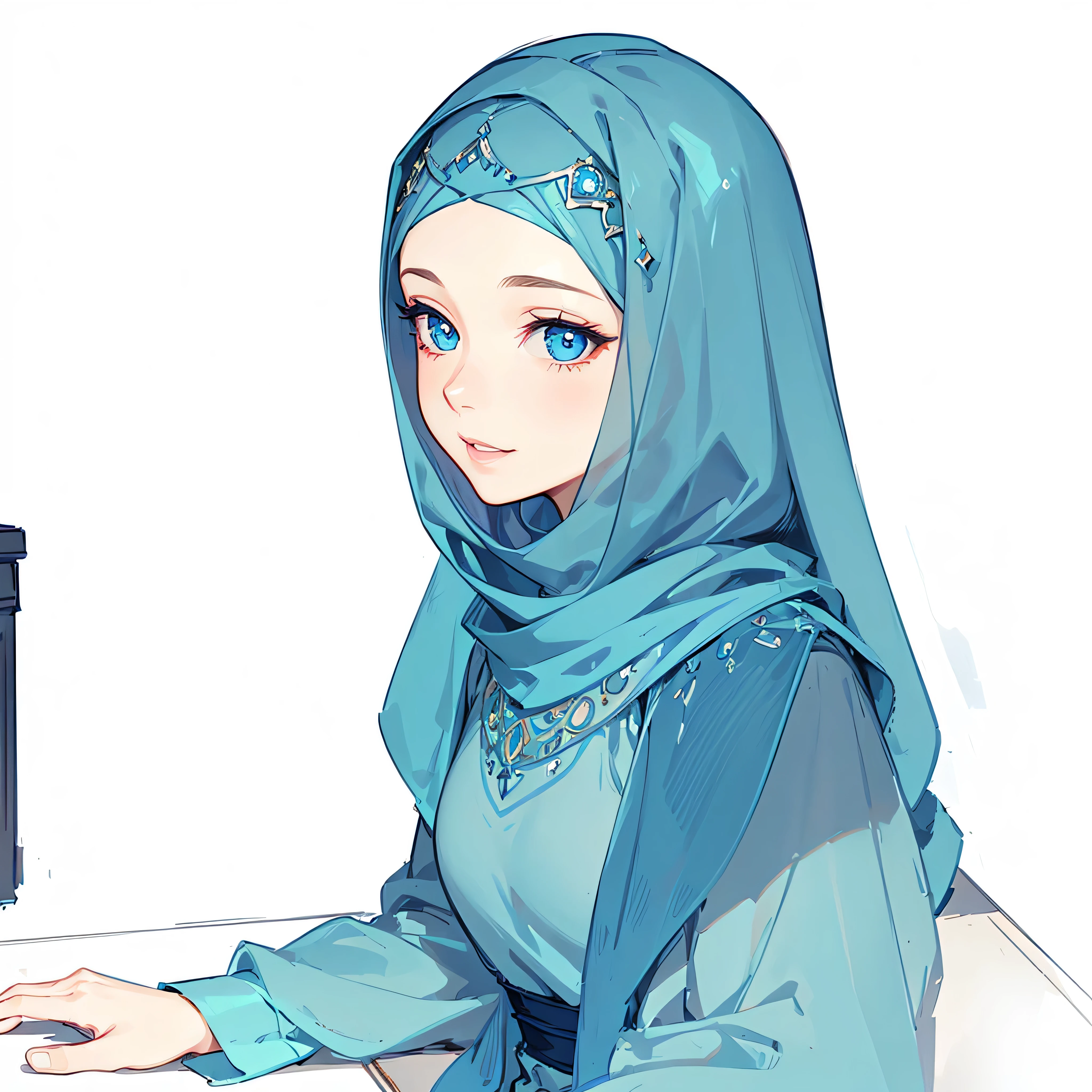 1girl, blue hijab, blue eyes, smiling lips, happy face, looking away eyes, beautiful detailed eyes, beautiful detailed lips, extremely detailed face, long eyelashes, intricate hijab folds, natural lighting, portrait, photorealistic, 8k, high quality, cinematic lighting, dramatic shadows, vibrant blue tones, serene expression