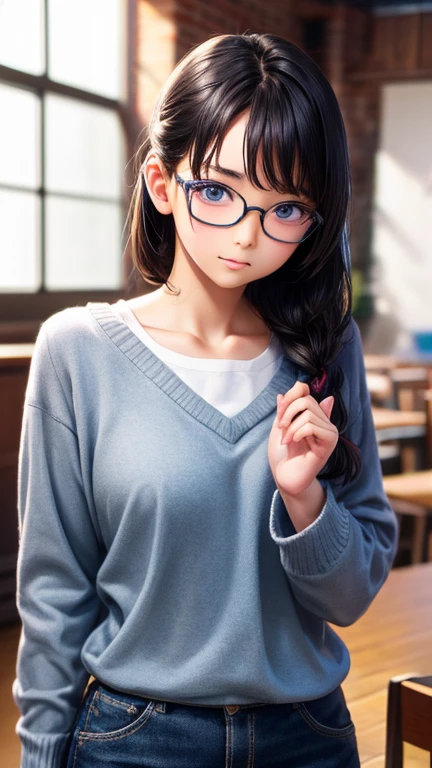 View your viewers,high school girl,Leaning forward,(Random cute clothes),(Random Animation Pose),(Thin type),(Random hairstyle),(Best image quality, (8K), Ultra-realistic, 最high quality, high quality, High resolution, high qualityの質感, Attention to detail, Beautiful details, Fine details, Highly detailed CG, Detailed Texture, Realistic facial expressions, masterpiece, in front),(Wear glasses:1.1)