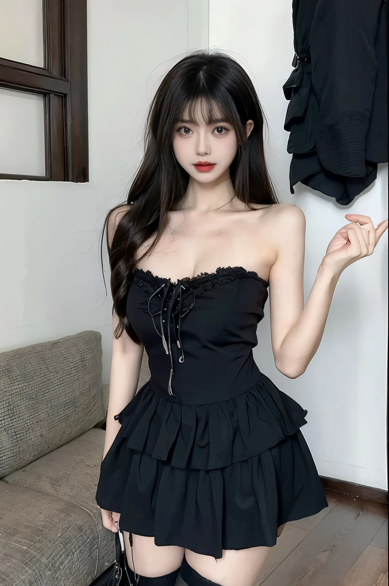 dark dress. ((Large Breasts)), ((D cup)), Visible cleavage,Highly detailed face and skin texture,((Bare shoulder)), Double eyelids,Skin Whitening,Long hair,Whitening long legs,Standing by the sea, Fashion Girl, Red lips, Sweet Girl, Beautiful makeup, detail, lifelike, Very detailed, Astonishing, beautiful, Young and energetic, high quality,HD, Colorful, Beautifully, Smooth skin, The skirt is very short, Official Art, Extremely detailed, Movie atmosphere, Soft colors, Natural skin texture, Random scene, random shooting Angle, Black over-the-knee socks, lace hem