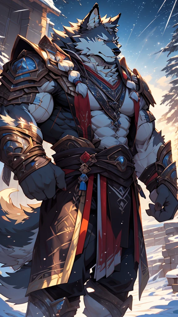 battle,fight,white armor,long blue sword,elder,gentle and soft,ice magic power,long white beard,long braided hair,solo, kemono, (old grey wolf), anthro (old wolf), anthro, male, anthro male (old wolf), anthro (old wolf), tail,muscles, handsome, general, loose cloth ,bulge, big abs, northern area,cloudy sky,wind and snowstorm,perfect lighting, (light particles),(best quality),(masterpiece),(ultra detailed),sharp focus, light particles, strong, serious,rippled muscles, ultradetailed face, ultradetailed eyes, looking at viewer, good looking, bareness, ((detailed face)),a lot of scars,the elder,elder face