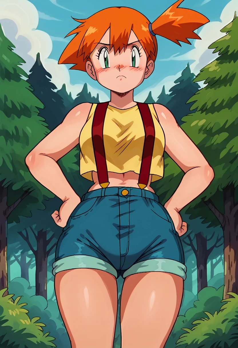  anime screencap, score_9,  score_8_up, score_7_up, score_6_up, source_anime, 1girl, solo, misty \(pokemon\), side ponytail, blush, yellow tank top, suspenders, hands on hips, denim shorts, forest, tree, sky,S2Z0n1c21.5XL style,