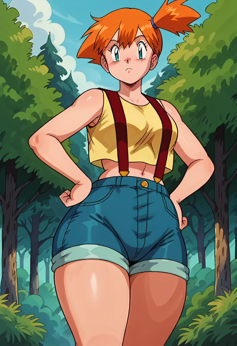  anime screencap, score_9,  score_8_up, score_7_up, score_6_up, source_anime, 1girl, solo, misty \(pokemon\), side ponytail, blush, yellow tank top, suspenders, hands on hips, denim shorts, forest, tree, sky,S2Z0n1c21.5XL style,