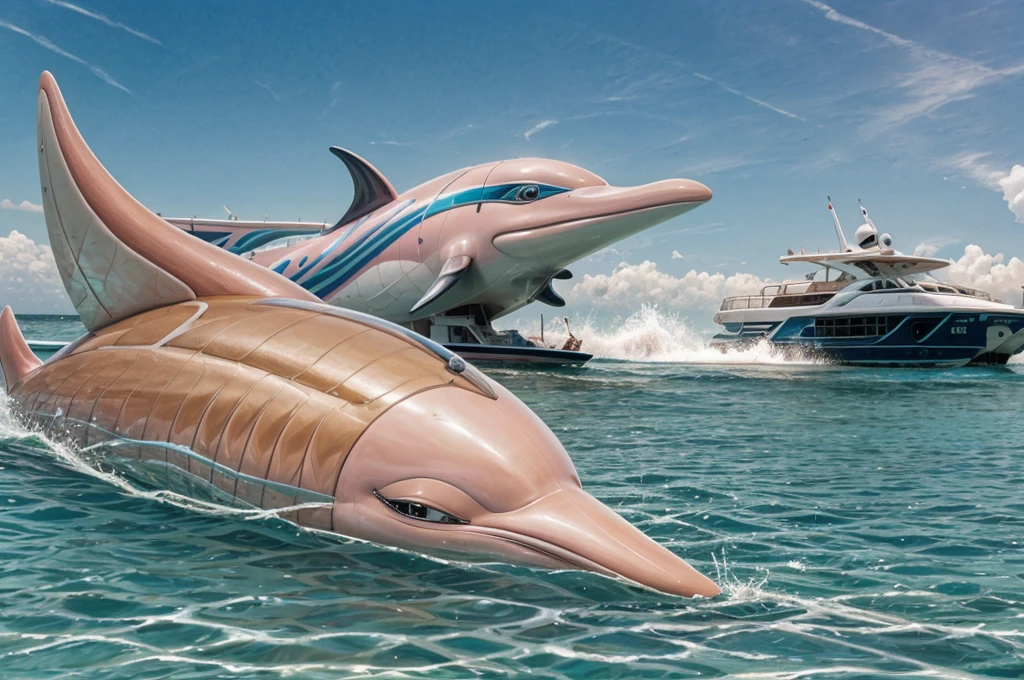 pink dolphin swim in thai ocean near speed boat, real photography, medium shot Realistic, sharp