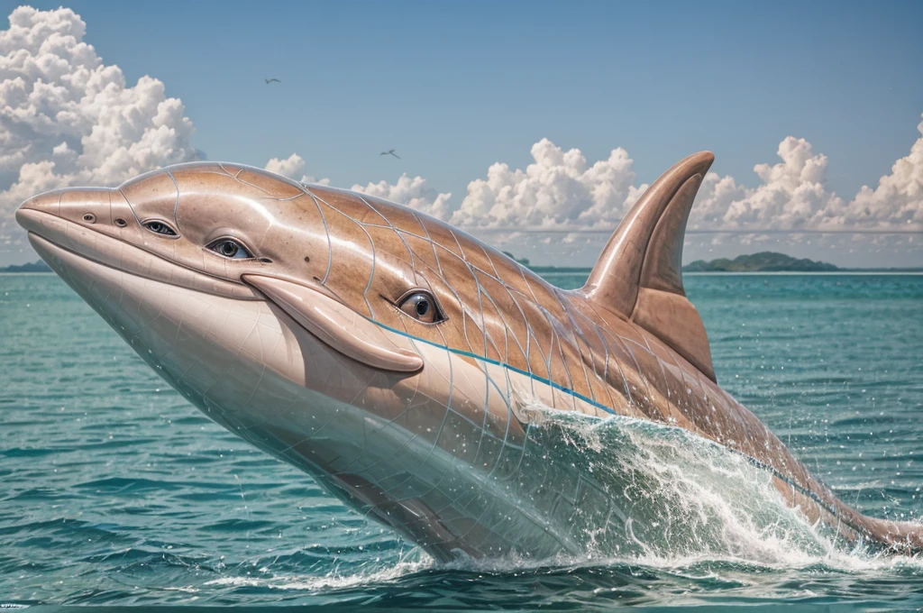 pink dolphin swim in thai ocean near speed boat, real photography, medium shot Realistic, sharp