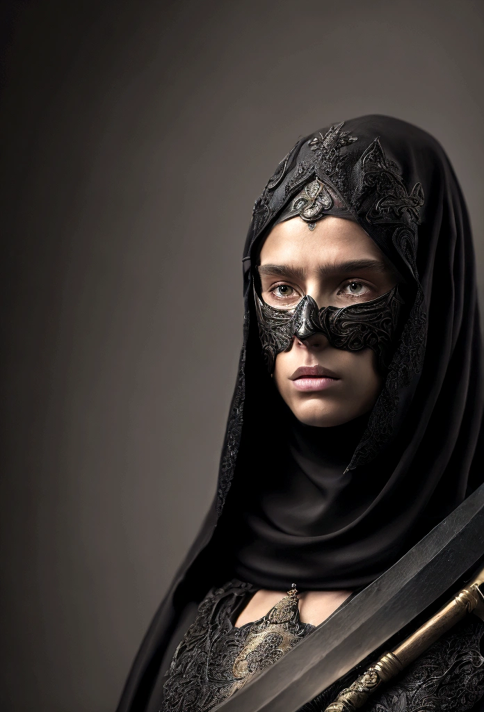 photorealistic photo of a christian woman, head covered in black, half face covered by a sword, no makeup, detailed face, intricate details, cinematic lighting, dramatic shadows, moody atmosphere, dark colors, baroque, photorealistic, 8k, extremely detailed, masterpiece
