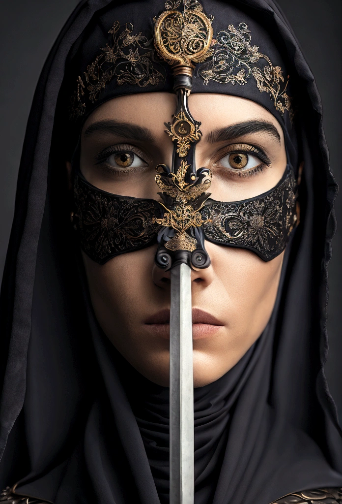 photorealistic photo of a christian woman, head covered in black, half face covered by a sword, no makeup, detailed face, intricate details, cinematic lighting, dramatic shadows, moody atmosphere, dark colors, baroque, photorealistic, 8k, extremely detailed, masterpiece