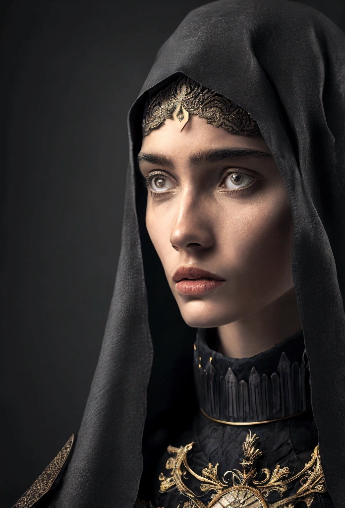 photorealistic photo of a christian woman, head covered in black, half face covered by a sword, no makeup, detailed face, intricate details, cinematic lighting, dramatic shadows, moody atmosphere, dark colors, baroque, photorealistic, 8k, extremely detailed, masterpiece