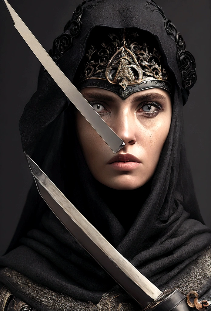 photorealistic photo of a christian woman, head covered in black, half face covered by a sword, no makeup, detailed face, intricate details, cinematic lighting, dramatic shadows, moody atmosphere, dark colors, baroque, photorealistic, 8k, extremely detailed, masterpiece