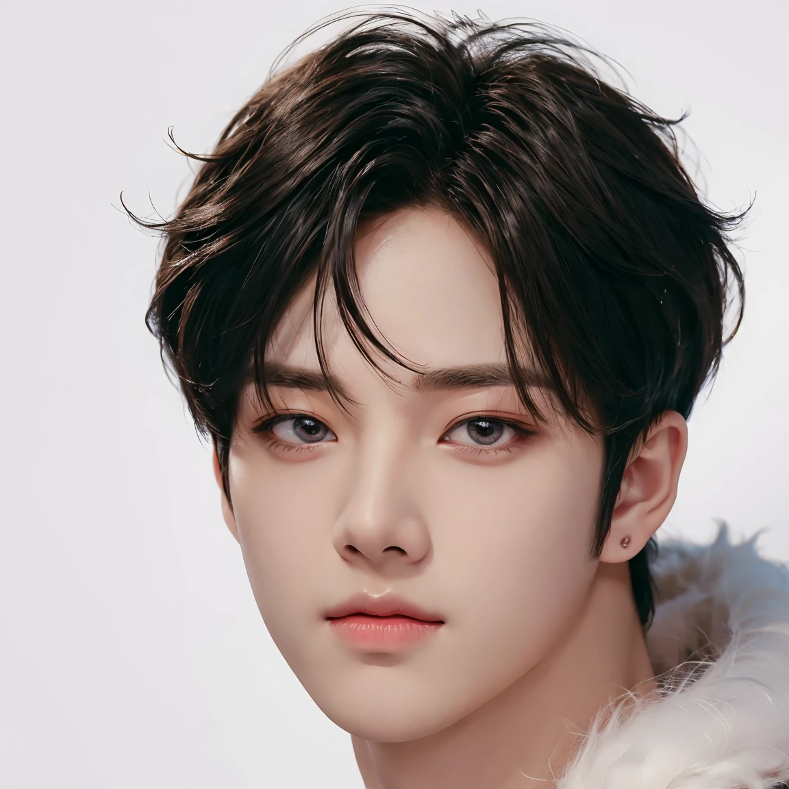 professional portrait photograph, handsome young man, model, crew cut, fluffy hair, detailed face, detailed eyes, plain background, kpop