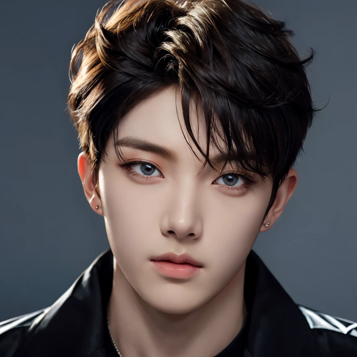 professional portrait photograph, handsome young man, model, crew cut, fluffy hair, detailed face, detailed eyes, plain background, kpop