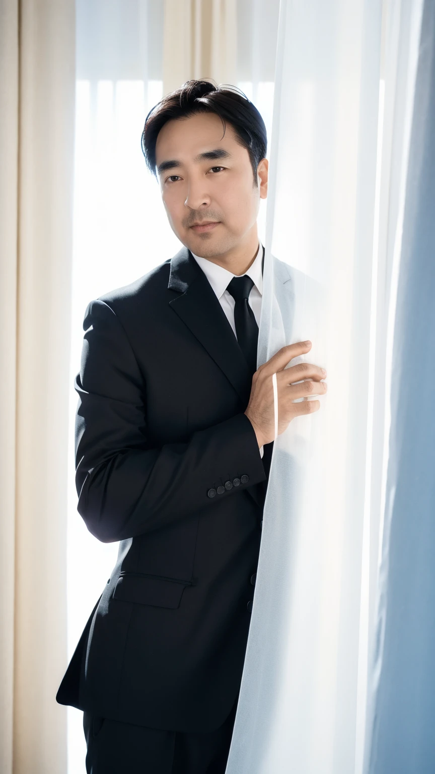 40-year-old male， Soft headlight，High-density imaging，（Thin face），((Black suit))，((Various dynamic poses))，((White curtains in the background))，best quality，masterpiece，（Soft colors：1.2）
