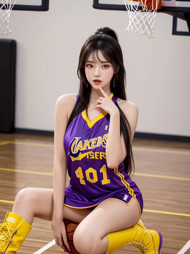 Beautiful woman wearing a purple yellow Wearing chearleaders style clothes mini dress with decorations on the shirt and visible shoulders and wearing boots and being photographed with a background And he's on the basketball court ,Korean style swag, beautiful face so gorgeous, Beautiful eyes, y2k style,