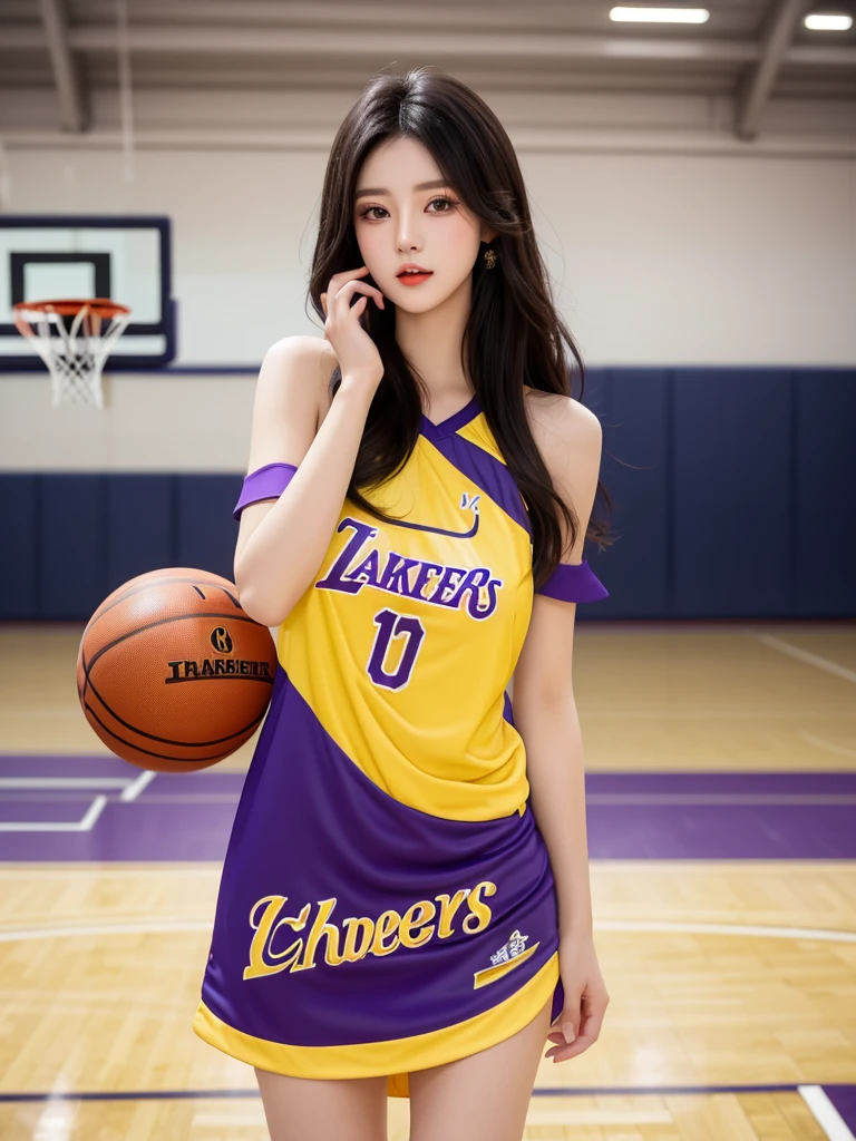 Beautiful woman wearing a purple yellow Wearing chearleaders style clothes mini dress with decorations on the shirt and visible shoulders and wearing boots and being photographed with a background And he's on the basketball court ,Korean style swag, beautiful face so gorgeous, Beautiful eyes, y2k style,