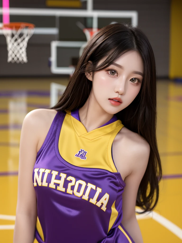 Beautiful woman wearing a purple yellow Wearing chearleaders style clothes mini dress with decorations on the shirt and visible shoulders and wearing boots and being photographed with a background And he's on the basketball court ,Korean style swag, beautiful face so gorgeous, Beautiful eyes, y2k style,