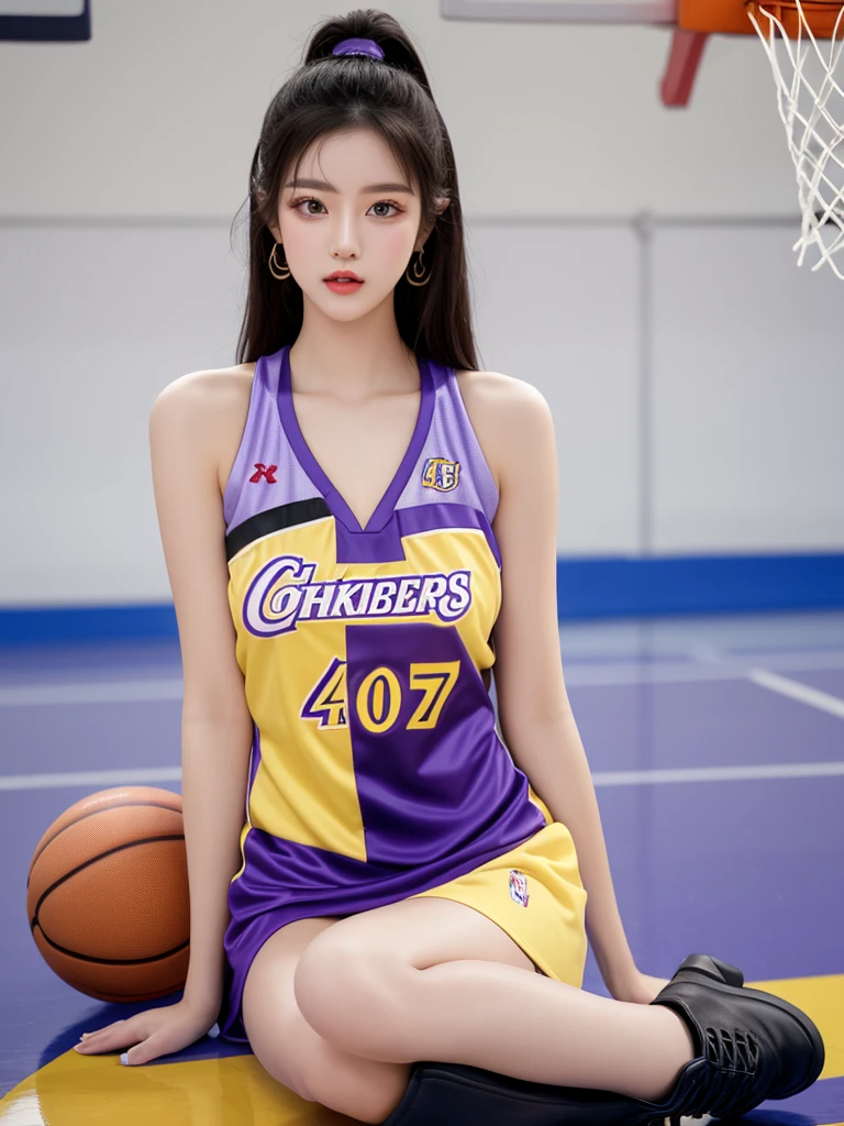 Beautiful woman wearing a purple yellow Wearing chearleaders style clothes mini dress with decorations on the shirt and visible shoulders and wearing boots and being photographed with a background And he's on the basketball court ,Korean style swag, beautiful face so gorgeous, Beautiful eyes, y2k style,