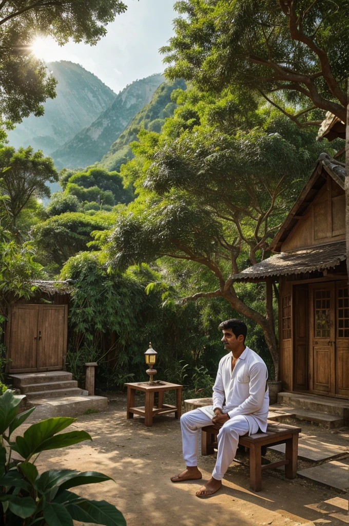 The Village and the Legend
- **Opening shot**: A peaceful, quaint village surrounded by lush greenery and mountains. Birds chirp and villagers go about their daily routines.
- **Introduction**: Show Raju, a curious and adventurous boy, listening intently to his grandmother's story about the magical tree.
- **Plot setup**: The grandmother, sitting in a cozy corner of their house, tells Raju about the magical tree that grants wishes. Raju's eyes sparkle with excitement and determination.