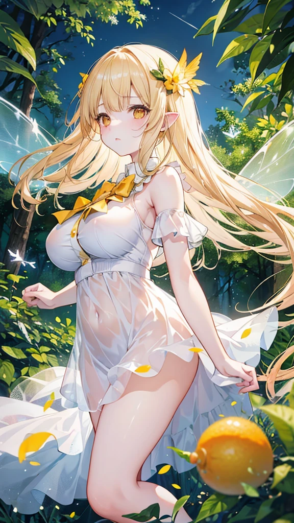 Showing the whole body, cute, baby face, big breasts, flying, floating, in the forest, white dress, long hair, alone, short, fairy wings, honey blonde hair, lemon tree, orange eyes