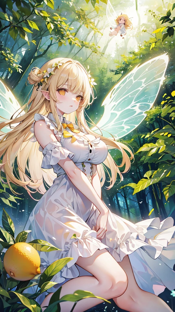 Showing the whole body, cute, baby face, big breasts, flying, floating, in the forest, white dress, long hair, alone, short, fairy wings, honey blonde hair, lemon tree, orange eyes