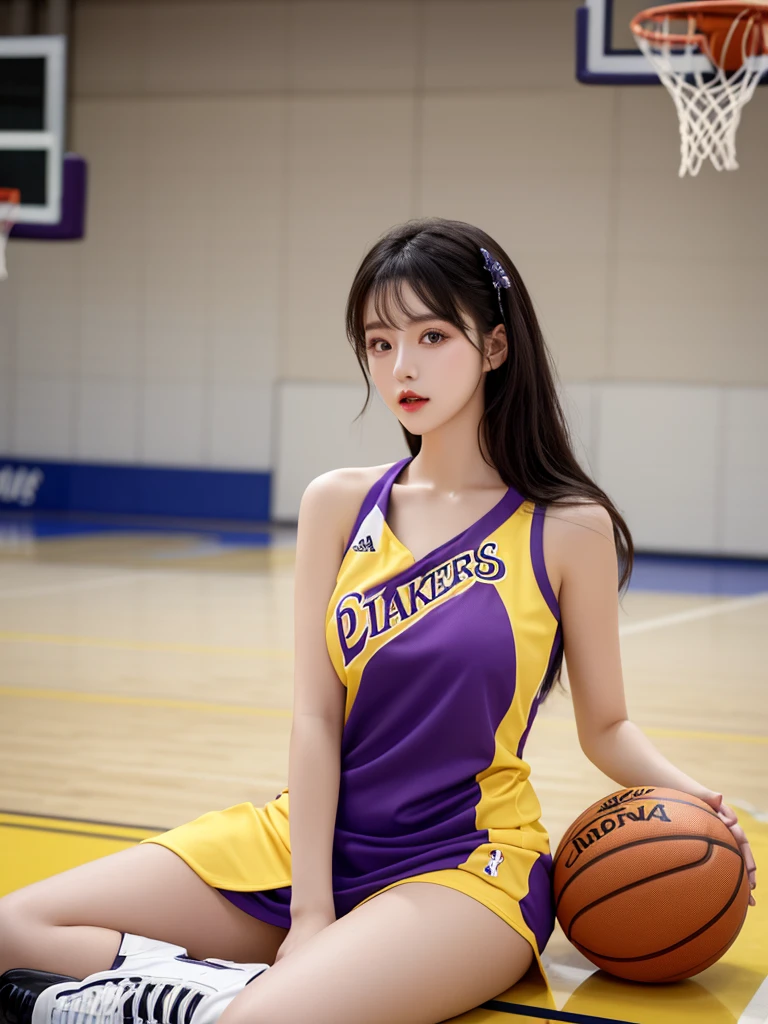 Beautiful woman wearing a purple yellow Wearing chearleaders style clothes mini dress with decorations on the shirt and visible shoulders and wearing boots and being photographed with a background And he's on the basketball court ,Korean style swag, beautiful face so gorgeous, Beautiful eyes, y2k style,