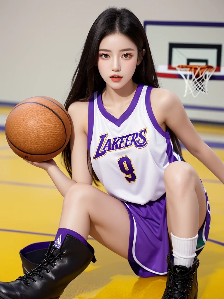 Beautiful woman wearing a purple yellow Wearing chearleaders style clothes mini dress with decorations on the shirt and visible shoulders and wearing boots and being photographed with a background And he's on the basketball court ,Korean style swag, beautiful face so gorgeous, Beautiful eyes, y2k style, 