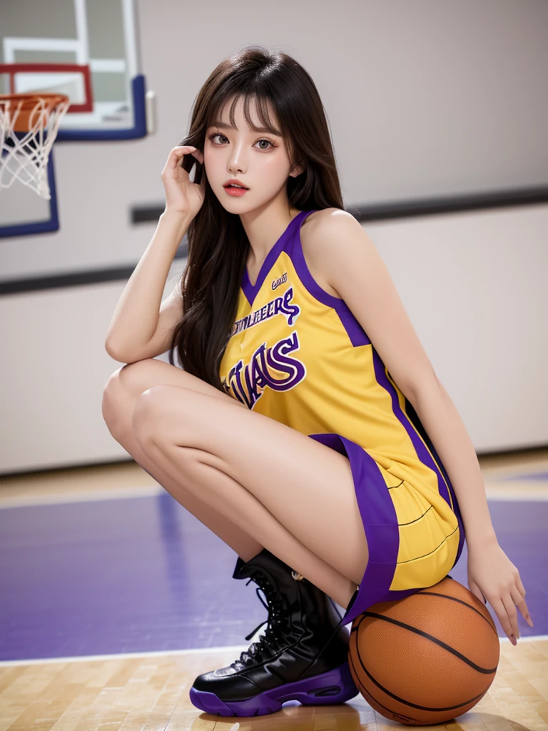 Beautiful woman wearing a purple yellow Wearing chearleaders style clothes mini dress with decorations on the shirt and visible shoulders and wearing boots and being photographed with a background And he's on the basketball court ,Korean style swag, beautiful face so gorgeous, Beautiful eyes, y2k style, 