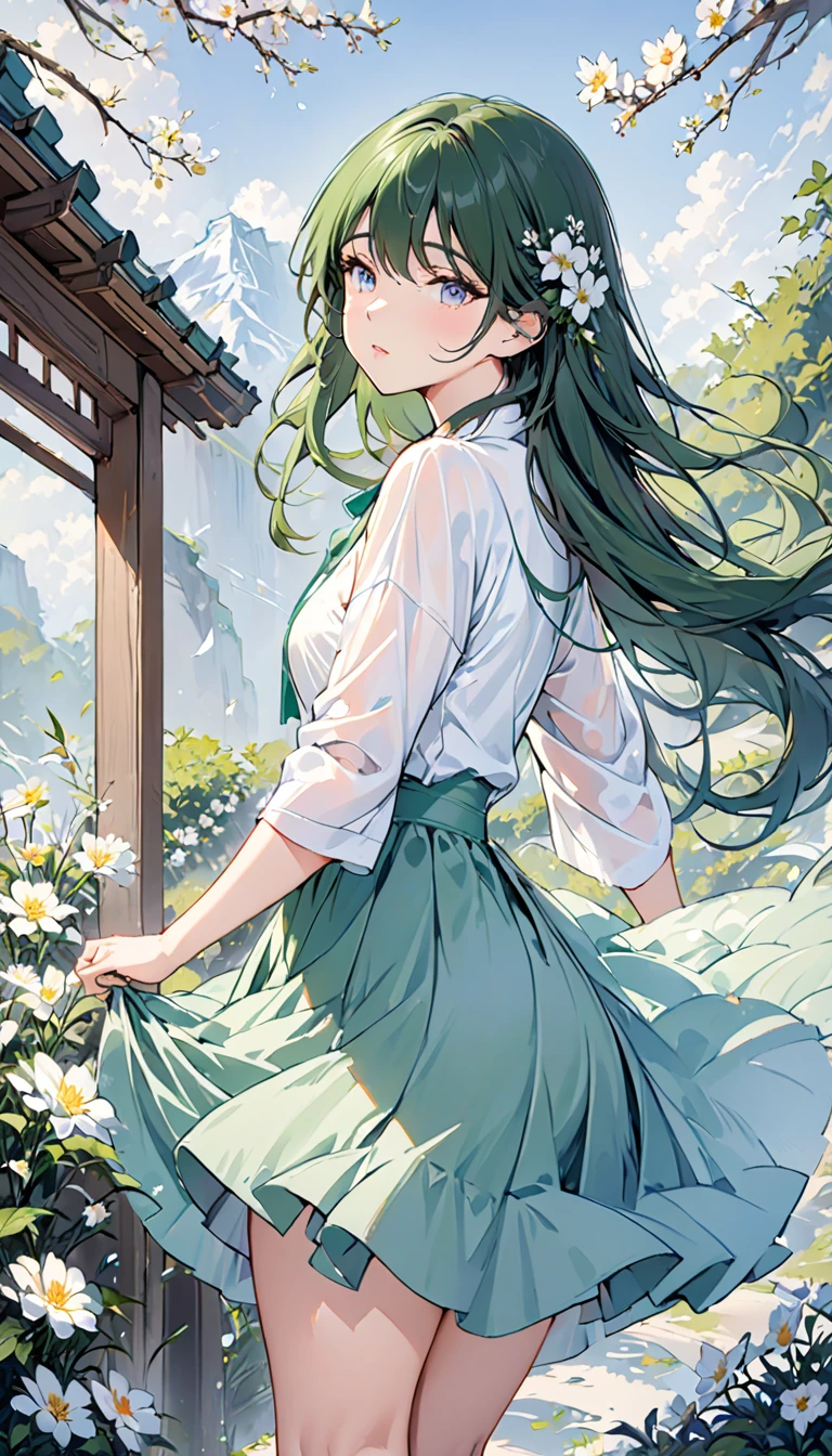 ((masterpiece,best quality)),(1 Girl, Solitary:1.4),Beautiful and delicate eyes,Flowing hair, White_flower,green_skirt,