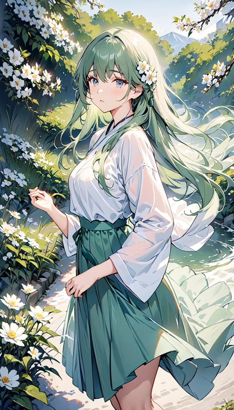 ((masterpiece,best quality)),(1 Girl, Solitary:1.4),Beautiful and delicate eyes,Flowing hair, White_flower,green_skirt,