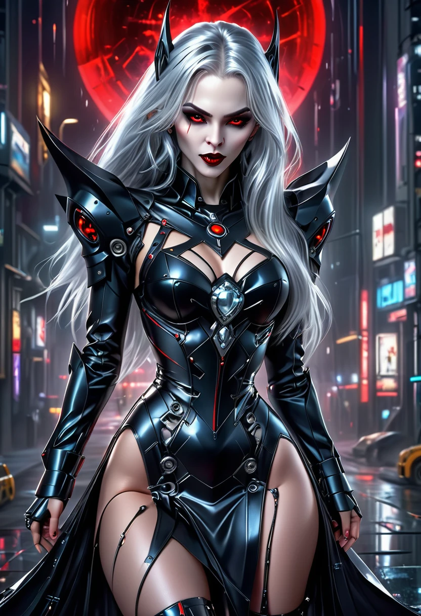 ((a photorealistic glamour shot of an exquisite, glamour mecha female vampire: 1.5)), ((full body: 1.3)), ultra feminine, pale face, silver hair, long vibrant shiny hair, glamorous hair,  red eyes, miniatures mechanical , deep penetrating eyes, red lips, lustful lips, ((two visible vampiric fangs: 1.5), drops of blood dripping from the mouth, ((cyberpunk style: 1.5)), she wears (blue elegant glamour dress, with small delicate mechanical parts: 1.4), digital parts,  intricate details, the dress is studded with diamonds, tight suit, dynamic color, high heels, cyberpunk street at night background, (highest quality:1.2, Very detailed, up to date, Vibrant, Ultra-high resolution, High Contrast, masterpiece:1.2, highest quality, Best aesthetics), best details, best quality, highres, ultra wide angle, 16k, [ultra detailed], masterpiece, best quality, (extremely detailed), Genetically modified..., Cinematic Hollywood Film, nijimecha, liquid dress