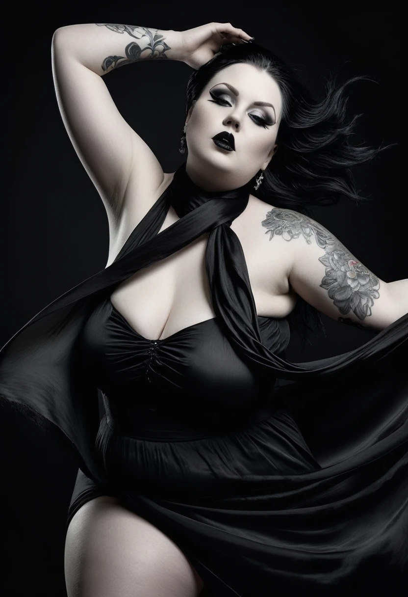 A stunning, high-realistic, studio photograph of a chubby scandinavian goth woman goth tatttos, pale skin, goth make-up dancing, clothed only in intricately draped, flowing black silk scarves, evoking a sense of elegance and grace. Captured in a monochromatic color palette, the black and white tone amplifies the textures and shadows, adding depth to the fluid, energetic movement of the subject. Soft, diffused lighting accentuates the woman's sinuous curves, as her slender limbs seem to blur in motion, exuding a sense of freedom and joy.