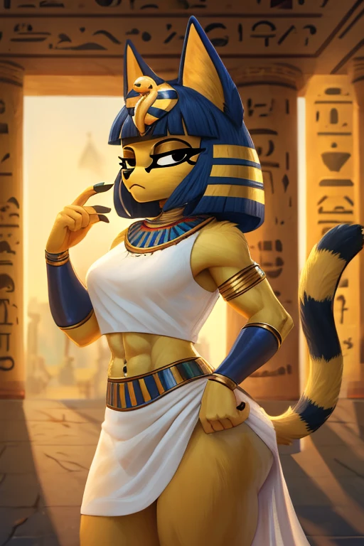 ((best quality)), ((masterpiece)), (detailed),  digital artwork of a  yellow cat ankha with abs wearing a crop top of her white sleeveless dress with white long dress skirt, a  midriff and a  navel, , Egyptian setting, anthro, furry style, tail, she looks snobbish, sideview navel piercing,  blue Egyptian handbands