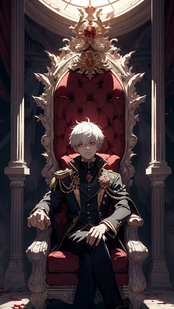 white haired, A red-eyed prince sits on a majestic throne inside an abandoned palace. The environment around it is dark and gloomy, with evil red eyes in the walls and cobwebs hanging there. The throne is richly decorated, with details of gold and precious stones, and covered with a dusty cloth. The protagonist is dressed in royal clothes, with Kaneki's expression on his face, when he looks at the horizon with glowing red eyes, Masterpiece, Best Quality, Ultra-detailed, illustartion, concept art in 8K resolution, Fantasy art, epic art, concept art wallpaper 4k, Deep color, natural lighting