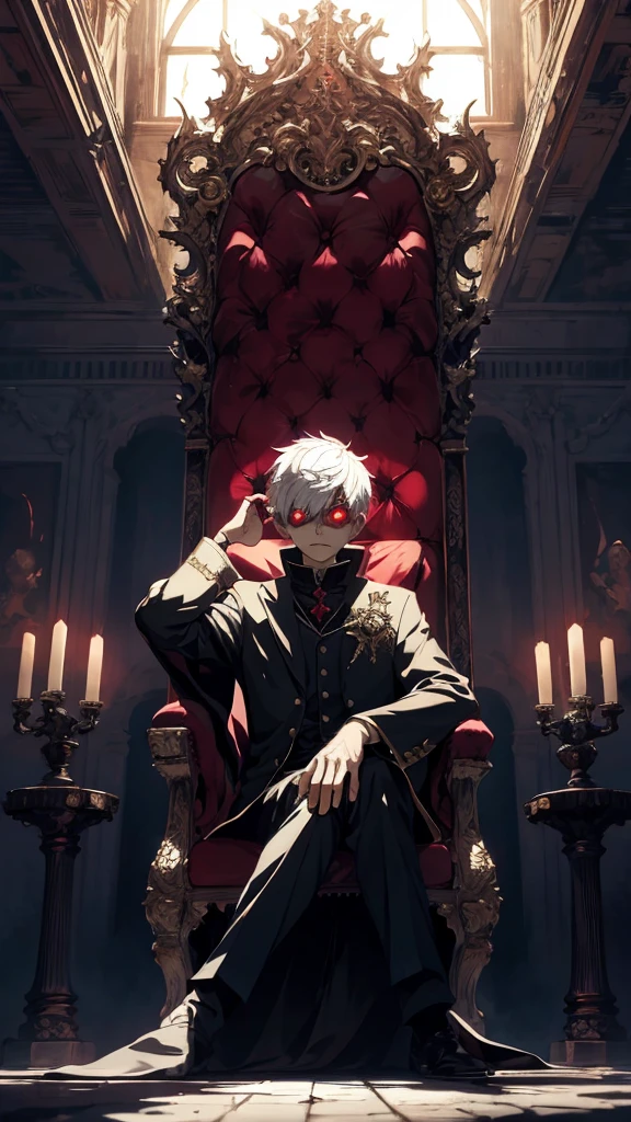 white haired, A red-eyed prince sits on a majestic throne inside an abandoned palace. The environment around it is dark and gloomy, with evil red eyes in the walls and cobwebs hanging there. The throne is richly decorated, with details of gold and precious stones, and covered with a dusty cloth. The protagonist is dressed in royal clothes, with Kaneki's expression on his face, when he looks at the horizon with glowing red eyes, Masterpiece, Best Quality, Ultra-detailed, illustartion, concept art in 8K resolution, Fantasy art, epic art, concept art wallpaper 4k, Deep color, natural lighting