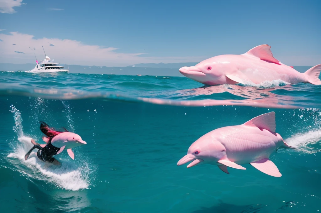 pink dolphin swim in thai ocean near speed boat, real photography, medium shot Realistic, sharp