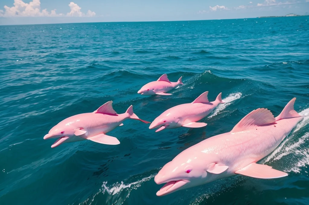 pink dolphin swim in thai ocean near speed boat, real photography, medium shot Realistic, sharp