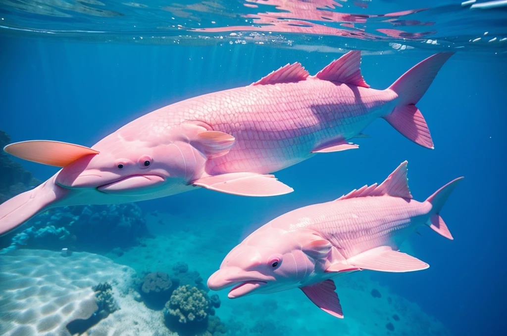 pink dolphin swim in thai ocean near speed boat, real photography, medium shot Realistic, sharp