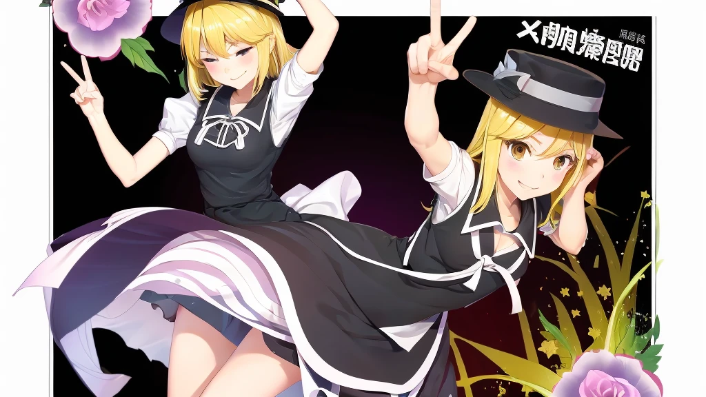 1girl, , , masterpiece, best quality, , medium blonde hair, forehead visible bags, yellow eyes, hat, heart, black headwear, puffy short sleeves, log black skirt, heart hads,,1girl, solo, yellow eyes, yellow hair, bow, hat bow, socks, black footwear, black skirt, short sleeves, yuki (touhou), black vest, white sleeves, frill skirt, light smile, from behind, to lift up one’s skirt, cowboy shot, from front, standing , raise one leg, crossed arms, arms up behind, arms behind back, hand between legs, put hands hip, one hand on hip, forward hands, arms raised in the air, punch hands, peace sign, waving, put up index finger, sit, lie down, closed eyes, lie face down, looking back, put one hand chest, leaning forward, cleavage, close up, horizontally outstretched arms, horizontally outstretched legs, front view, front face