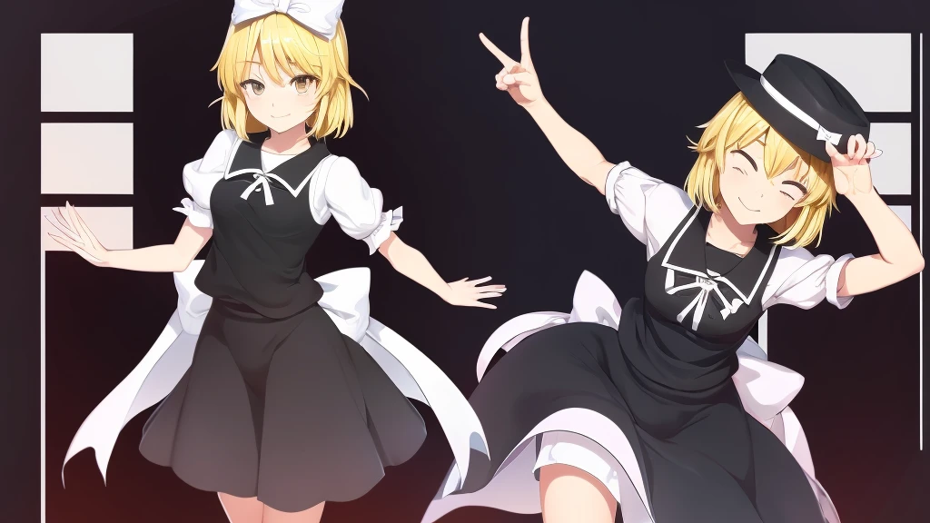 1girl, , , masterpiece, best quality, , medium blonde hair, forehead visible bags, yellow eyes, hat, heart, black headwear, puffy short sleeves, log black skirt, heart hads,,1girl, solo, yellow eyes, yellow hair, bow, hat bow, socks, black footwear, black skirt, short sleeves, yuki (touhou), black vest, white sleeves, frill skirt, light smile, from behind, to lift up one’s skirt, cowboy shot, from front, standing , raise one leg, crossed arms, arms up behind, arms behind back, hand between legs, put hands hip, one hand on hip, forward hands, arms raised in the air, punch hands, peace sign, waving, put up index finger, sit, lie down, closed eyes, lie face down, looking back, put one hand chest, leaning forward, cleavage, close up, horizontally outstretched arms, horizontally outstretched legs, front view, front face