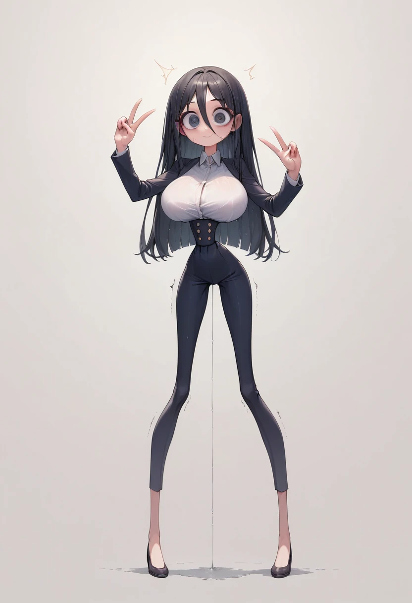 (masterpiece, best quality:1.2), Shader, front shot, 1girl, kawaii, (super big breasts, micro waist, very long legs:1.3), Black hair, midium bob hair, short height, scrawny and thin body, Light Skin, cute big eyes, cute beautiful thin face, suit, pigeon-toed, wet and sweaty, big visible ribs, V sign, Trembling