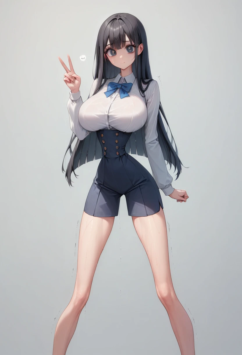 (masterpiece, best quality:1.2), Shader, front shot, 1girl, kawaii, (super big breasts, micro waist, very long legs:1.3), Black hair, midium bob hair, short height, scrawny and thin body, Light Skin, cute big eyes, cute beautiful thin face, suit, pigeon-toed, wet and sweaty, big visible ribs, V sign, Trembling