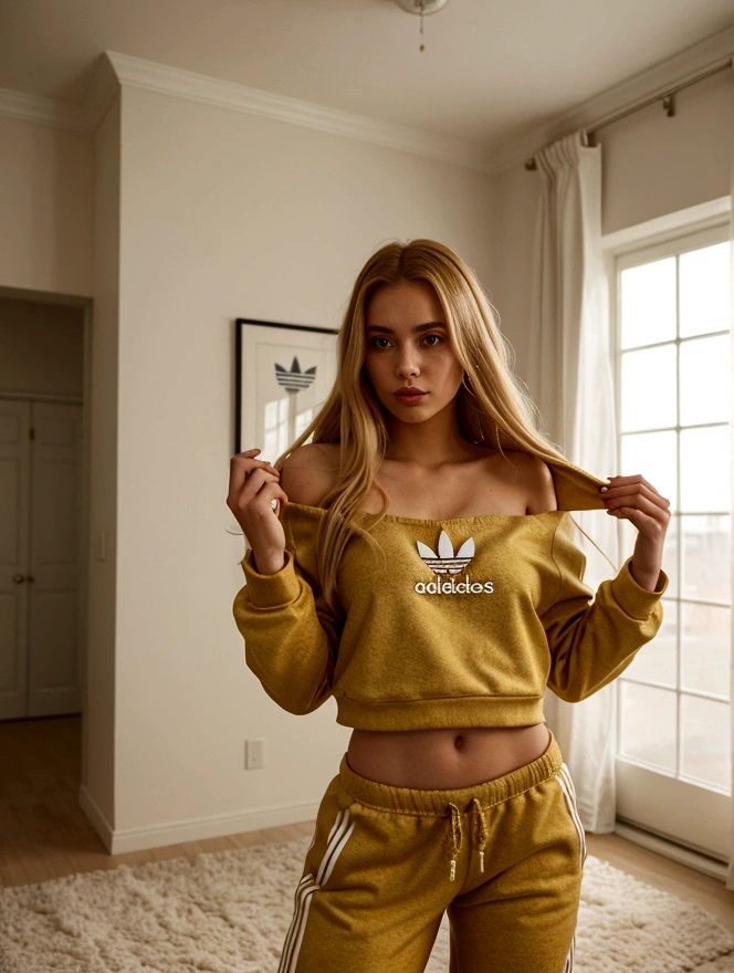 A woman with wheat-colored hair down to her shoulder blades. Dressed in an Adidas tracksuit in the style of the 90s, he stands in a room with a carpet hanging on the wall.
Garland "Happy birthday". The girl is holding a large hamburger in which a festive candle is stuck.