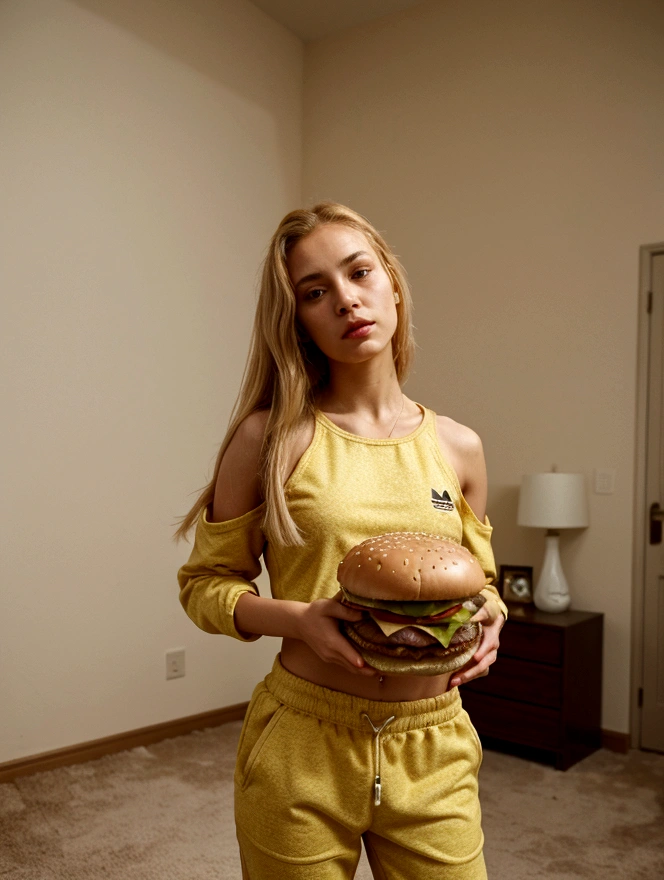 A woman with wheat-colored hair down to her shoulder blades. Dressed in an Adidas tracksuit in the style of the 90s, he stands in a room with a carpet hanging on the wall.
Garland "Happy birthday". The girl is holding a large hamburger in which a festive candle is stuck.