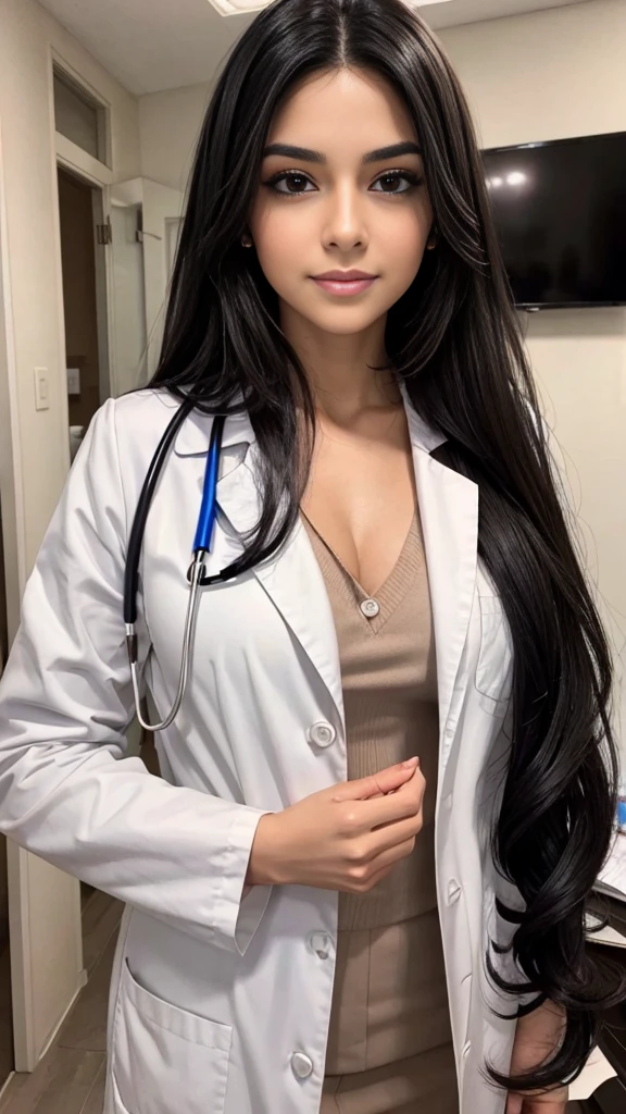 Beautiful black-haired doctor with brown eyes and long hair, con hermoso maquillaje, in a doctor's office, daring and sensual photo session