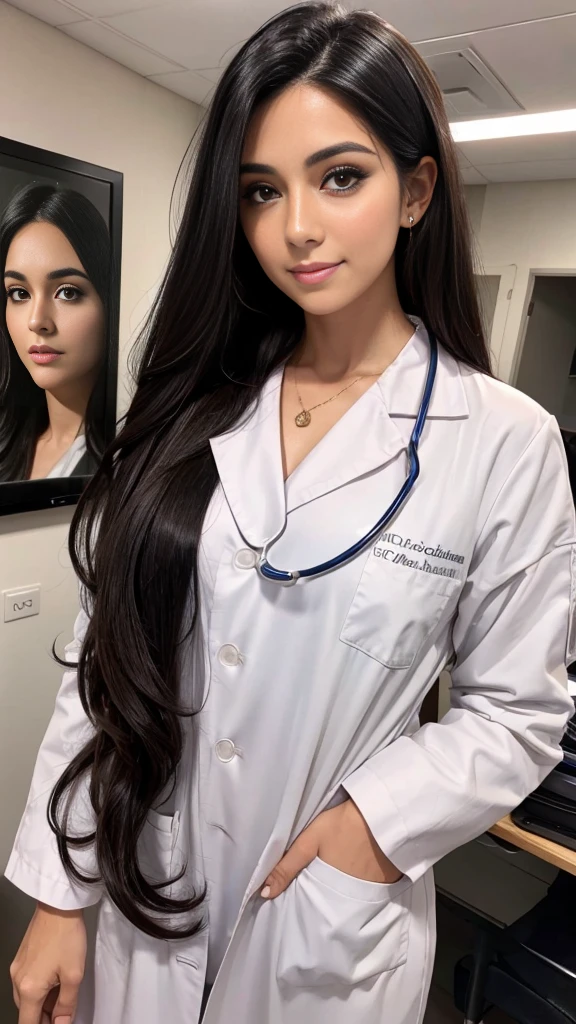 Beautiful black-haired doctor with brown eyes and long hair, con hermoso maquillaje, in a doctor's office, daring and sensual photo session
