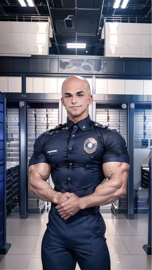 1 man,(Skinheads hairstyles) ,black eye,(Wear uniform Short sleeve shirt color navy with a police badge.:1.3),(fit neck),Navy blue jeans,(black_gloves), Korean guy,chest muscles,large arm muscles,blood vessel,Big muscles,Broad shoulders, smile, middle of the road,(full_shot:1.6), (server room:1.6)