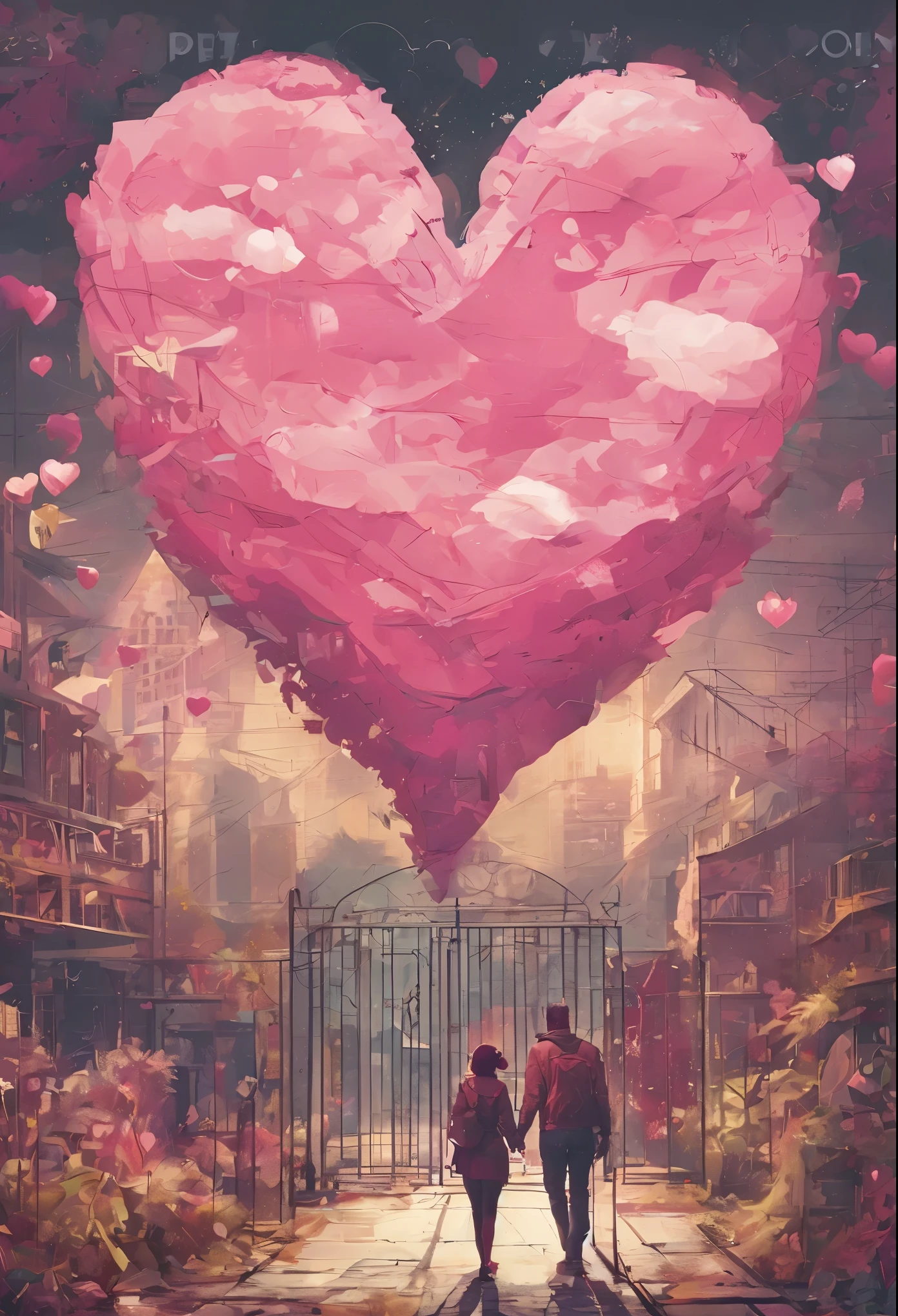 A couple walking on the street,Concept art of love with hands holding heart shaped object, A beautiful artistic illustration, artwork in the style of Gu Weiss, Gu Weiss, Beautiful art UHD 4K, Beautiful digital artwork, Double exposure, Gu Weiss masterpiece, Gu Weiss on pixiv artstation